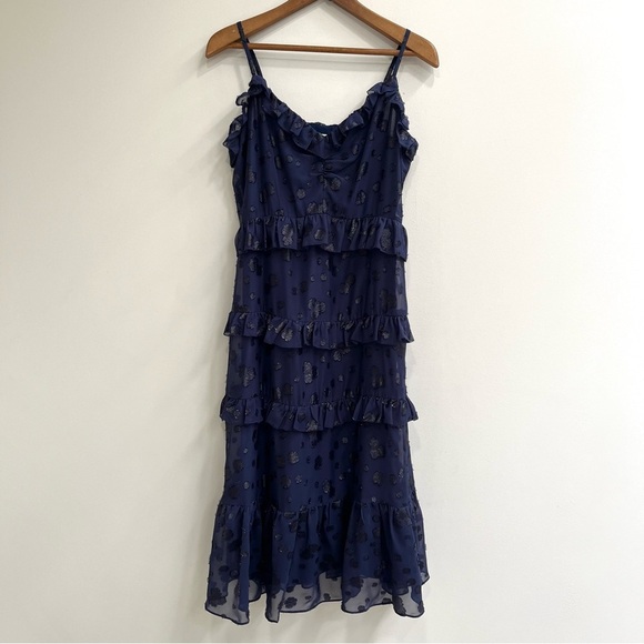 Michael Michael Kors Printed Jacquard Ruffled Midi Dress True Navy Blue Large - Picture 3 of 13